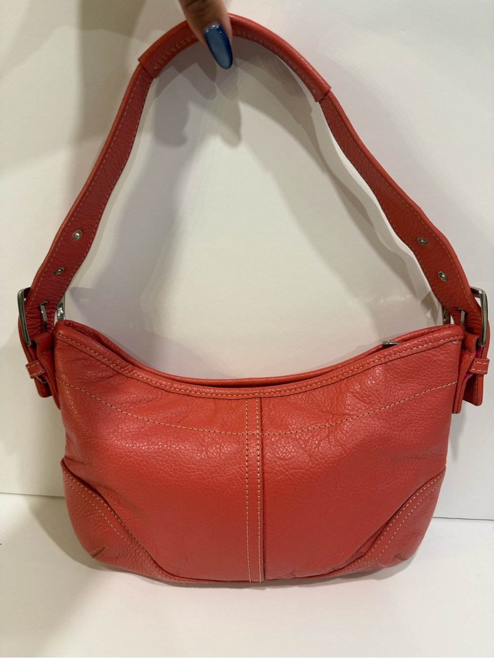 DANIER Coral Red Pebbled Leather Boho Crescent Shoulder Bag Y2K